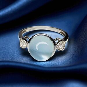 14K White Gold Natural Burmese Icy Jade & Diamond Ring -Size 8 -Jadeite Cabochon